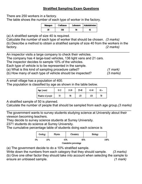 Stratified Sampling Exam Questions