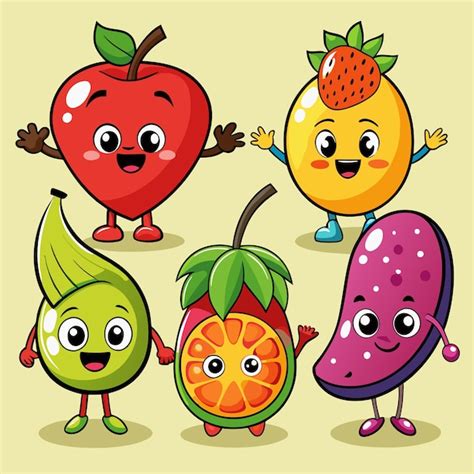 A Colorful Cartoon Of Five Fruits A Red Apple A Yellow Lemon A Green