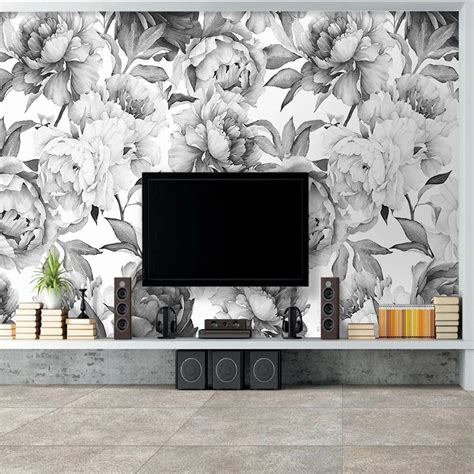 Papier Peint Mural Personnalis 3D Noir Et Blanc Fleur De Pivoine