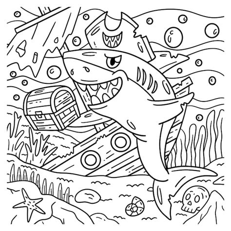 Premium Vector A Cute And Funny Coloring Page Of A Pirate Shark With