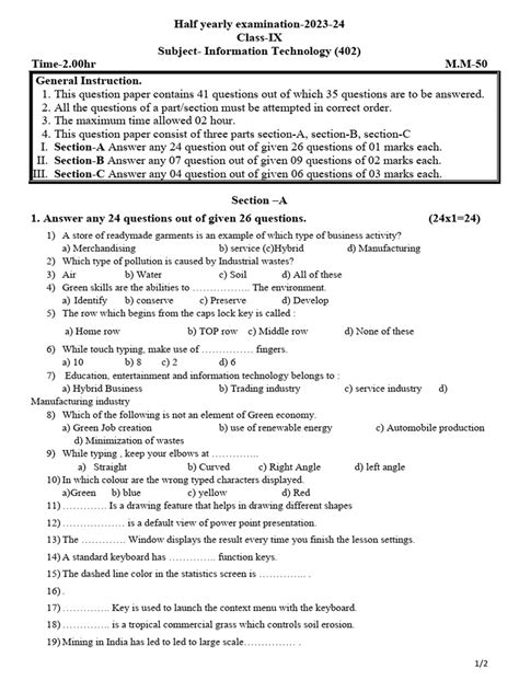 Half Yearly Exam 2023 24 Class 9 Pdf