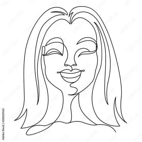 Happy Woman Laughing One Line Art Portrait Joyful Female Facial