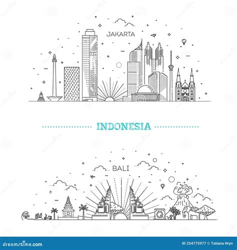 Indonesia Cityscape With Landmarks Vector Outline Illustration Stock