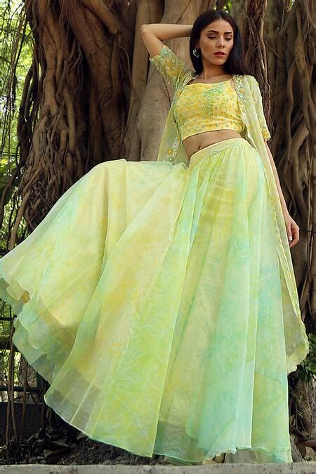 Buy Yellow Organza Tie Dye Jacket Lehenga Set For Women By Surbhi Gupta