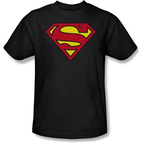 a black t - shirt with a superman symbol on the chest and yellow letters in red