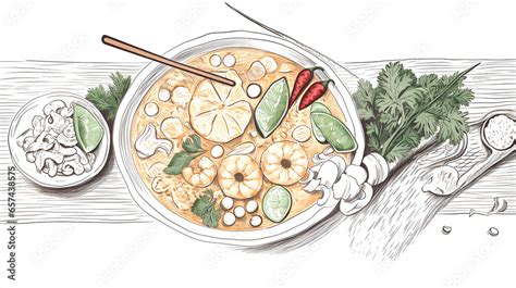 Thai Food Top View Vector Illustration Food Menu Design Template Hand