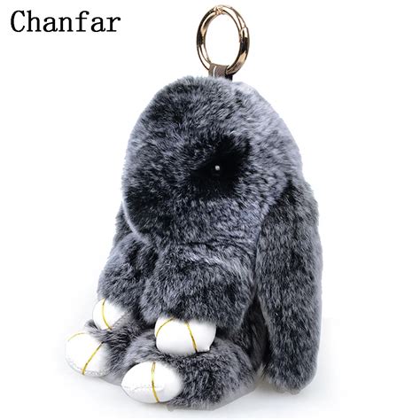 18CM Fluffy Bunny Keychain Real Rex Rabbit Fur Keychain For Women Hand