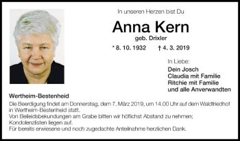 Traueranzeigen Von Anna Kern Trauerportal Ihrer Tageszeitung