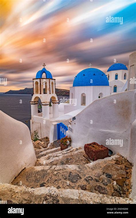 The Three Blue Domes Santorini Stock Photo Alamy