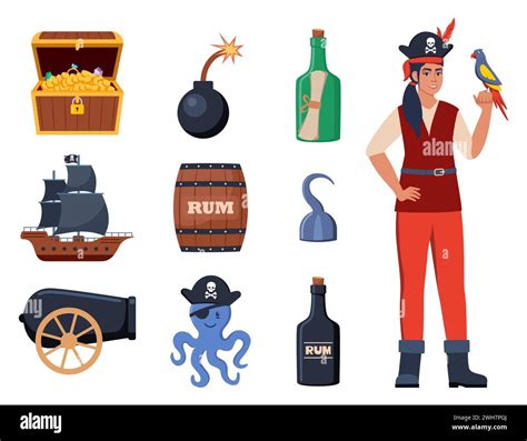 Pirate Elements Set Pirates Theme Illustrations With Ship Captain