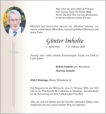 Traueranzeigen von Günter Imholte om trauer de