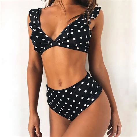 Hot Polka Dot Bikinis Sexy Ruffle Swimwear For Women High Waist Bikini