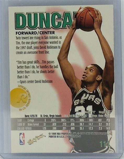 1997 98 Skybox Z Force Tim Duncan Rookie Card 111 MINT Spurs HOF