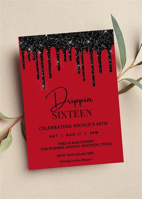 Editable Drippin 16 Birthday Invitation Red And Black Invitation