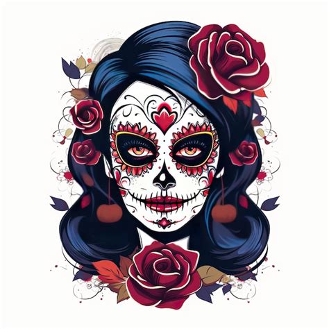 Close Up Girl Sugar Skull Face Roses Dia De Muertos Premium Ai