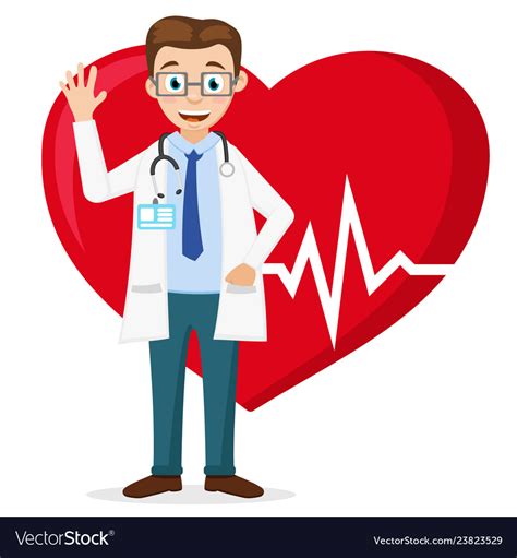 Cardiologist Smiles And Waves His Hand Against Vector Image