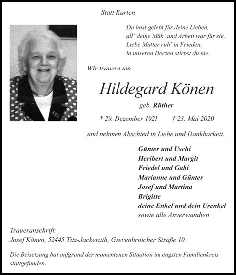 Traueranzeigen von Hildegard Könen Aachen gedenkt