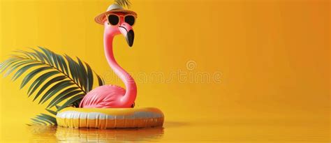 Cute Pink Flamingo In Sunglasses And Hat On Inflatable Ring With Palm