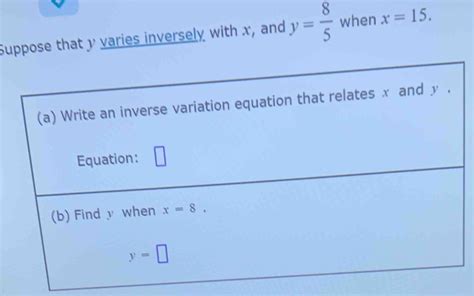 Suppose That Y Varies Inversely With X And Y When X Algebra