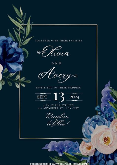 An Elegant Wedding Card With Blue Flowers And Greenery On The Front