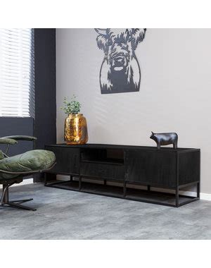 Tv Meubel Denver Black 240 Cm Mangohout En Staal Gratis Bezorgd