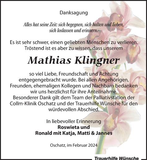 Traueranzeigen Von Mathias Klingner Trauer Anzeigen De