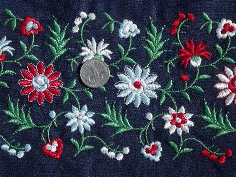 Vintage Linen Weave Fabric W Rayon Embroidery Swiss Alpine Floral Border