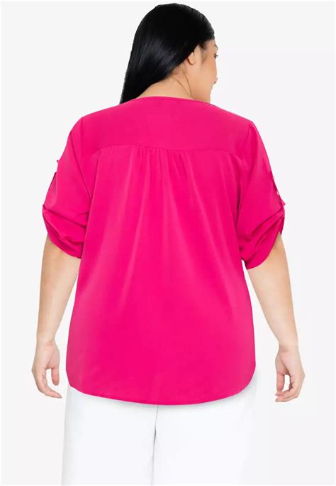 Buy Divina Plus Size Roll Tab Sleeve Overlap Hem Blouse Top 2024 Online