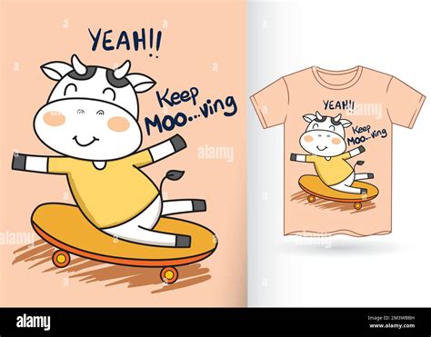 Cute Cow Skateboarding Cartoon For Kids T Shirt With Template Stock