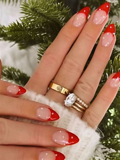 Red Christmas Nails Red French Tips With White Dots Red Tip Nails