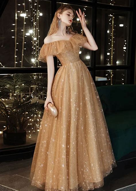 Off Shoulder Champagne Tulle Long Party Dress A Line Lace Up Evening