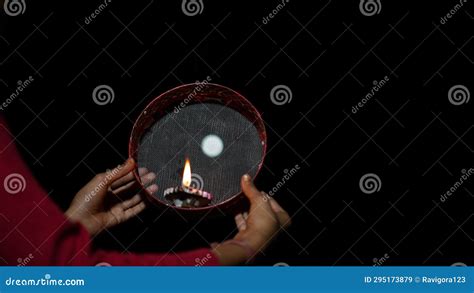 Indian Married Woman Celebrating Karva Chauth Festival At Night Oja