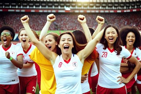 Weibliche Fu Ballfans Im Stadion Feiern Den Sieg Und Genie En Nach