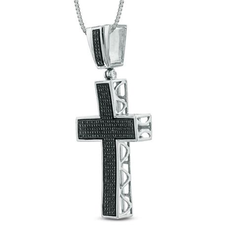 Mens 14 Ct Tw Enhanced Black Diamond Cross Pendant In Sterling