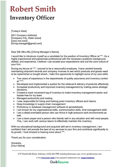 Inventory Officer Cover Letter Examples QwikResume