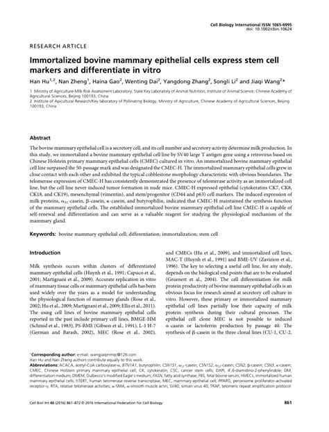 Pdf Immortalized Bovine Mammary Epithelial Cells Express Stem Cell