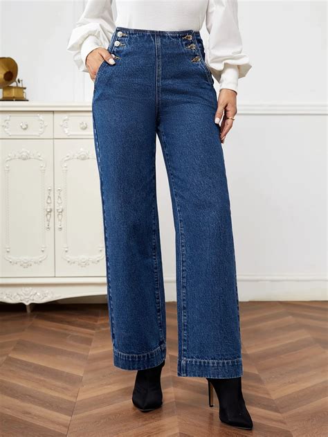 SHEIN Essnce Calça jeans reta Cintura alta Detalhe do botão SHEIN PT