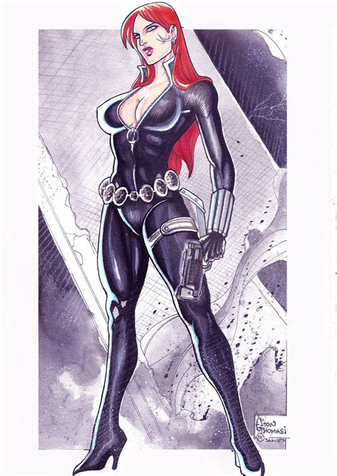 A Drawing Of A Woman With Red Hair And Black Catsuits Standing In Front