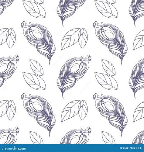 Seamless Pattern Peacock Feathers And Contour Leaves On A White