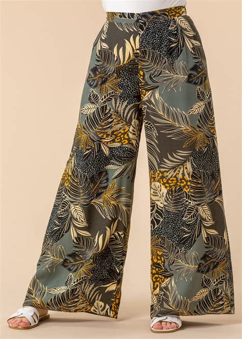 Roman Green Tropical Print Elastic Waist Wide Leg Trouser Matalan