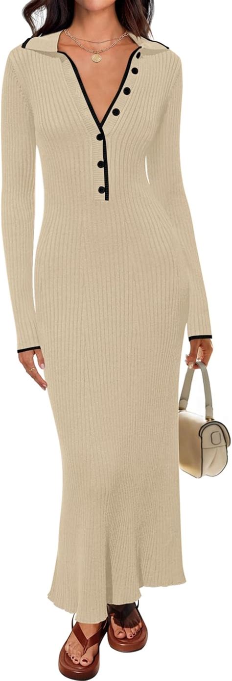 Zesica Women S Long Sleeve Sweater Dress Fall V Neck Ribbed Knit