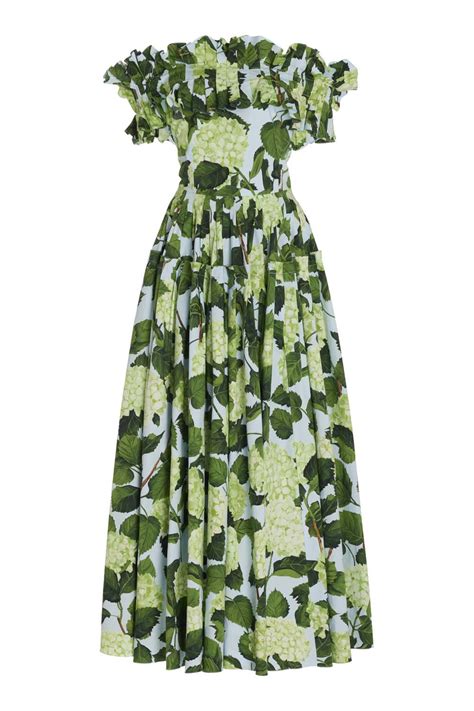 Po Oscar De La Renta Off The Shoulder Ruffle Hydrangea Maxi Dress