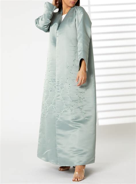 Green Abaya Moistreet Greenish Cyan Bridal Satin Embroidered Open Abaya