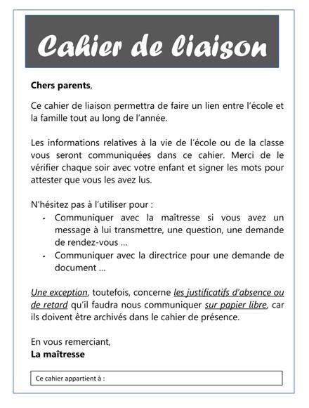 Cahier De Liaison Cahier De Vie Planning De Travail