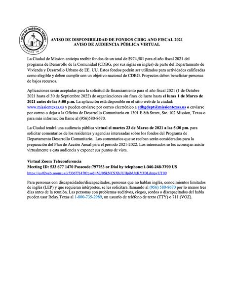 Notice Of Public Hearing Funding Availability CDBG FY 21 22 City Of