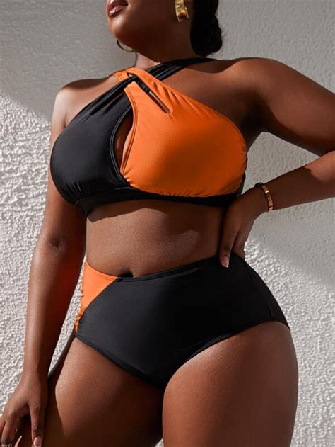 Shein Swim Vcay Plus Two Tone Bikini Set Cut Out Cross Wrap Halter Top