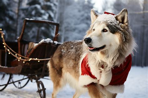 圣诞狗拉着雪橇在雪地上高清图片下载 正版图片600589246 摄图网