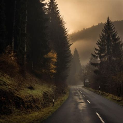 Premium AI Image | Mountain road in the foggy autumn morning