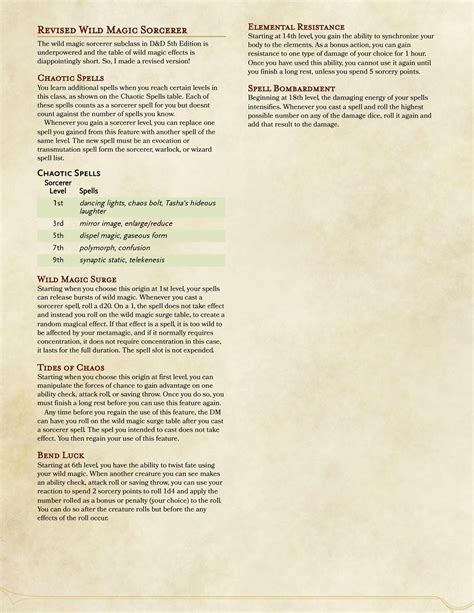 Revised Version Of The Wild Magic Sorcerer Subclass Dndhomebrew