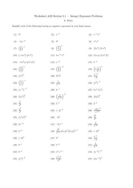 Worksheet #20 Section 5.1 â€” Integer Exponent Problems - Worksheets ...